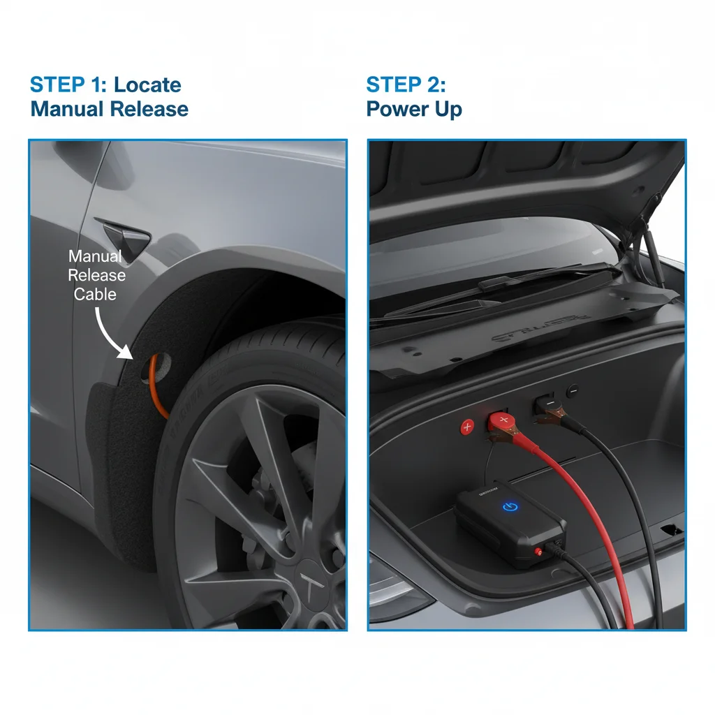 An infographic showing the manual release cable location for the frunk on a newer Tesla Model 3 or Y, and the 12V jump terminal connection points.