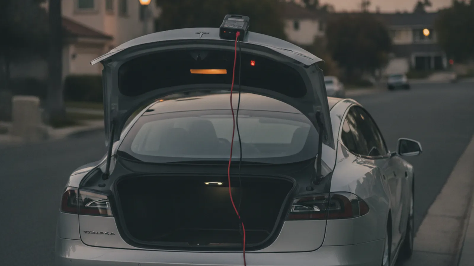Silver Tesla Model S with the frunk open and a lithium jump pack connected, parked on a San Diego street at dusk