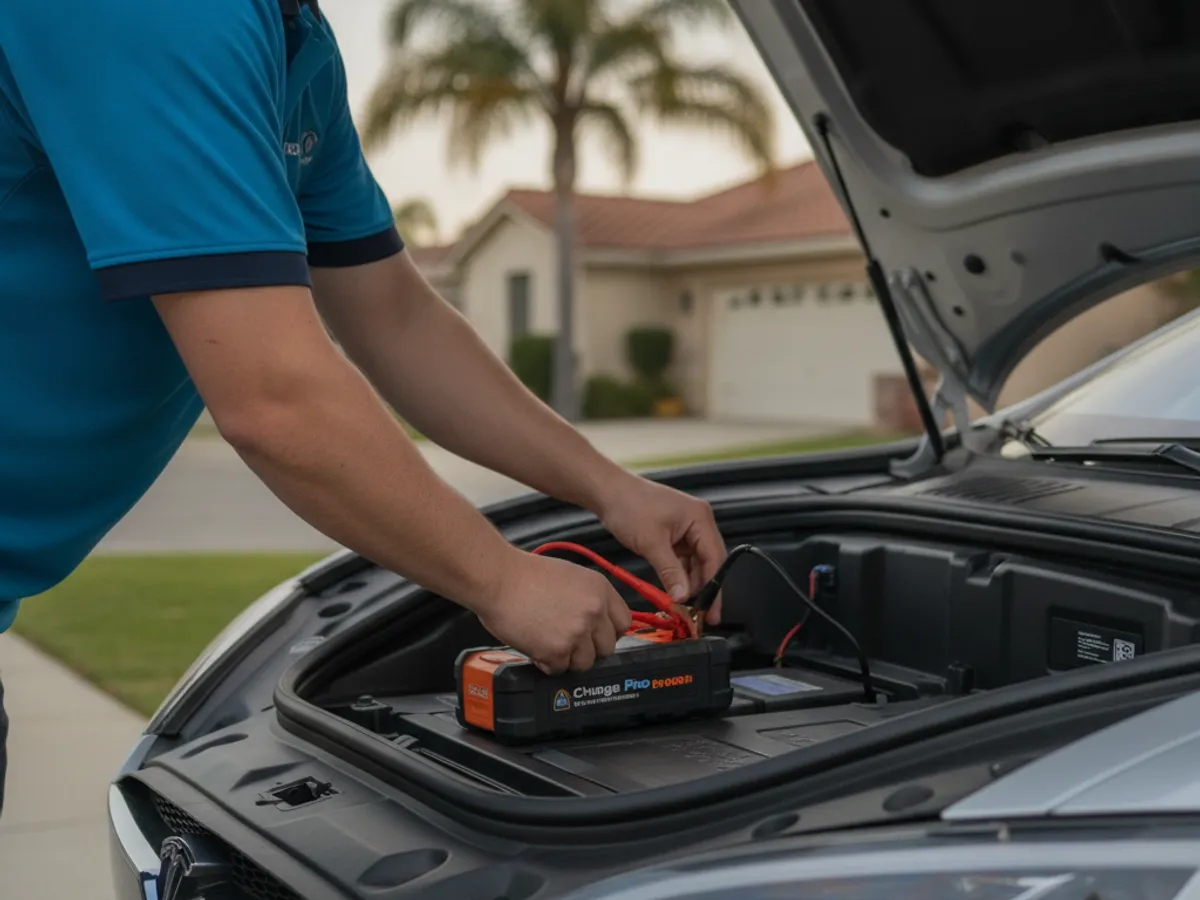 Charge Pro SD technician in an electric-blue polo connecting a lithium jump pack to the 12V battery inside the open frunk of a silver Tesla Model S in a San Diego driveway