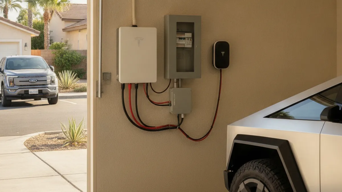 A Tesla Powerwall home battery mounted on a garage wall in a San Diego home, wired next to the main electrical panel.