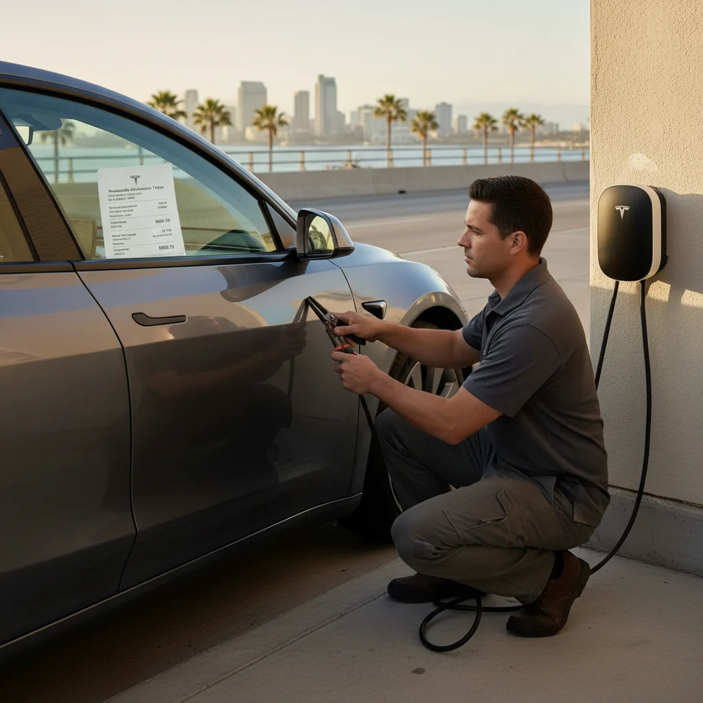 A Tesla Model Y on a San Diego shoulder with an invoice on the passenger seat showing roadside fees
