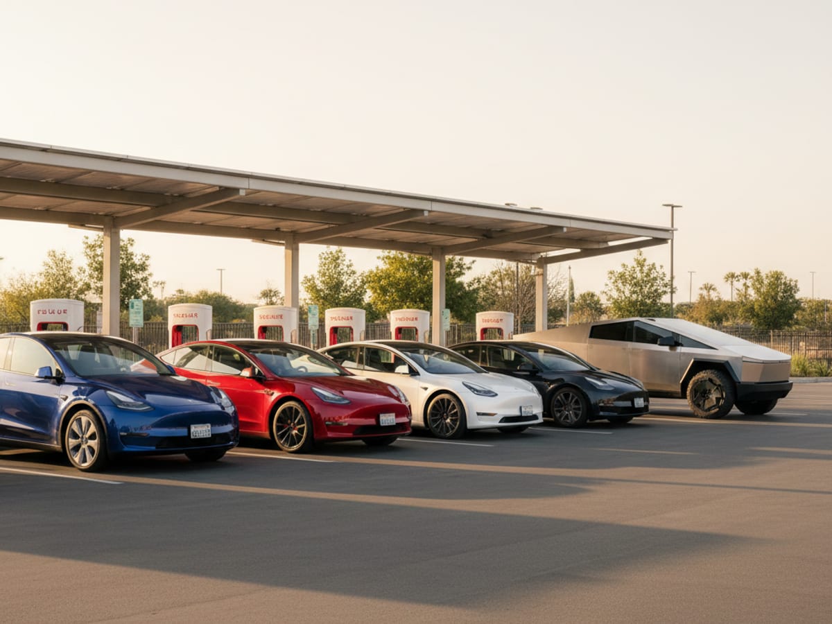 Several Teslas lined up at a Tesla Supercharger station in San Diego with other cars waiting for an open stall
