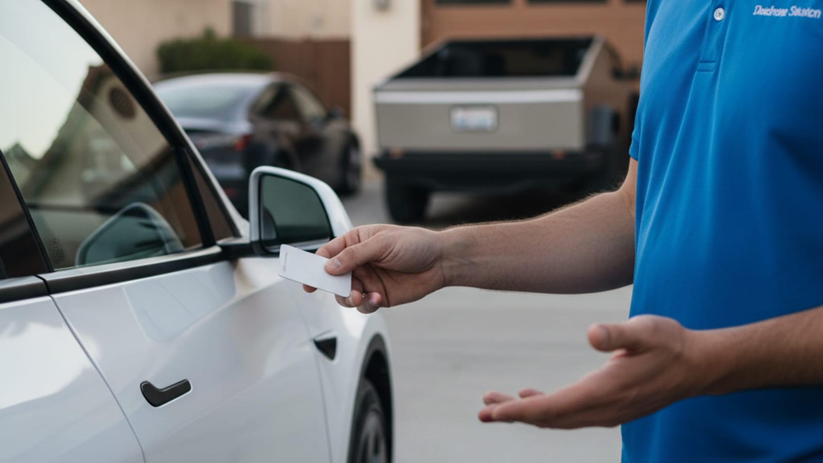 A person holding a Tesla key card against the B-pillar of a Model Y with the door handles not presenting indicating an unresponsive vehicle