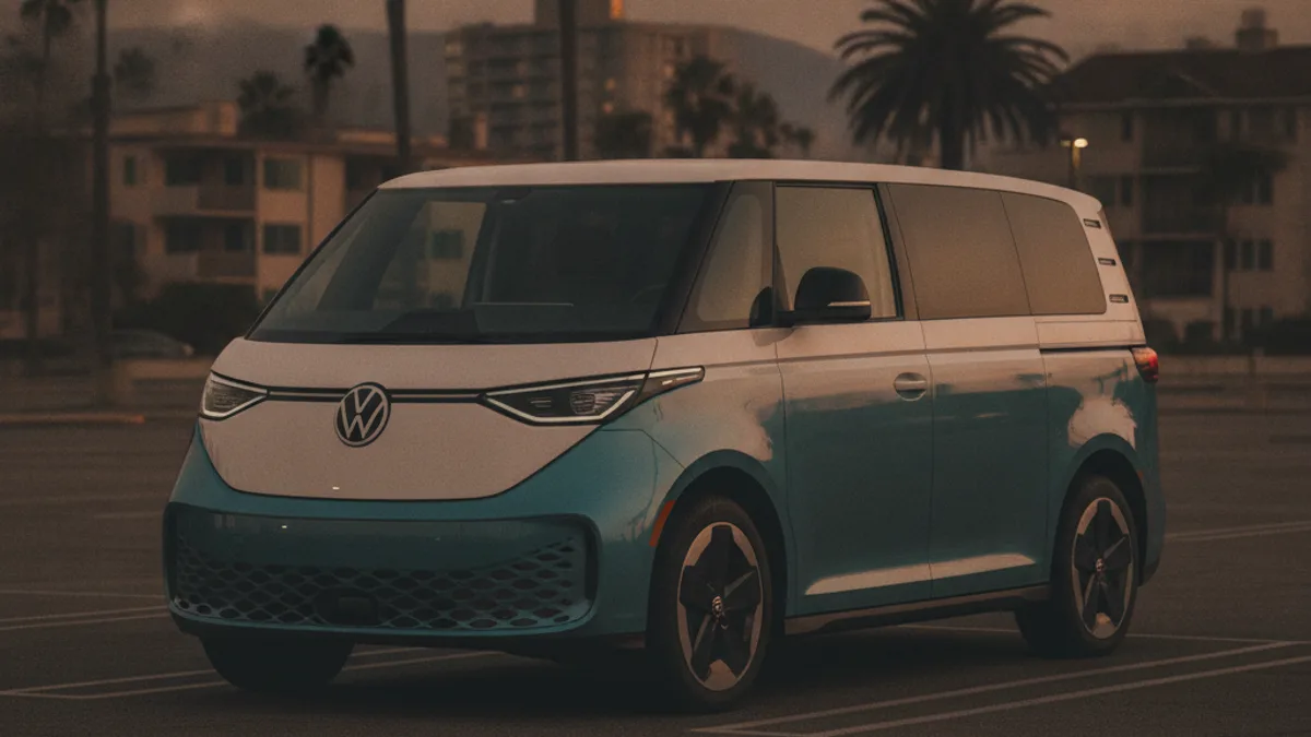 A VW ID.Buzz electric van parked in a San Diego lot with a dark, unlit dashboard, illustrating a dead 12V battery.
