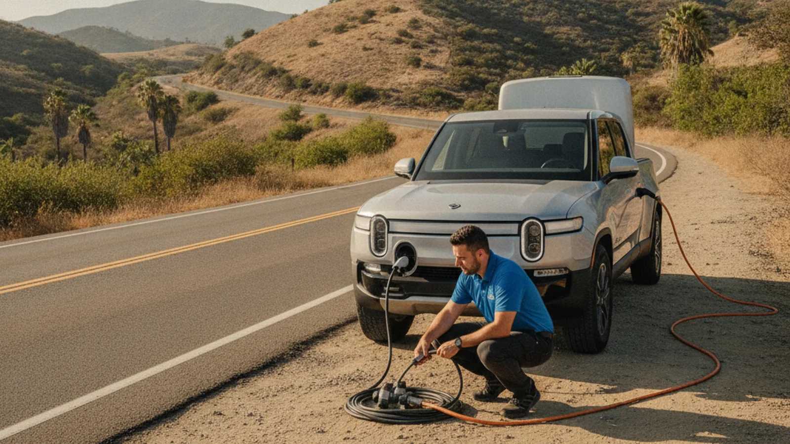 A Rivian parked at a charging location.