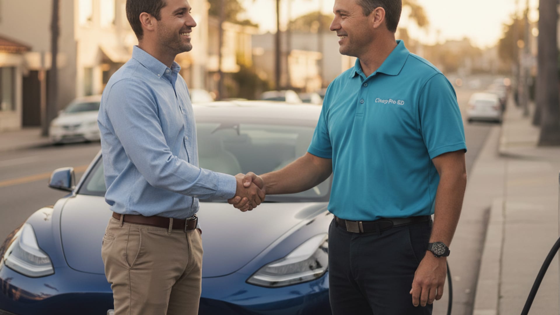 Charge Pro SD technician in electric-blue polo shaking hands with a relieved Tesla owner beside a Model 3 on a San Diego street at golden hour