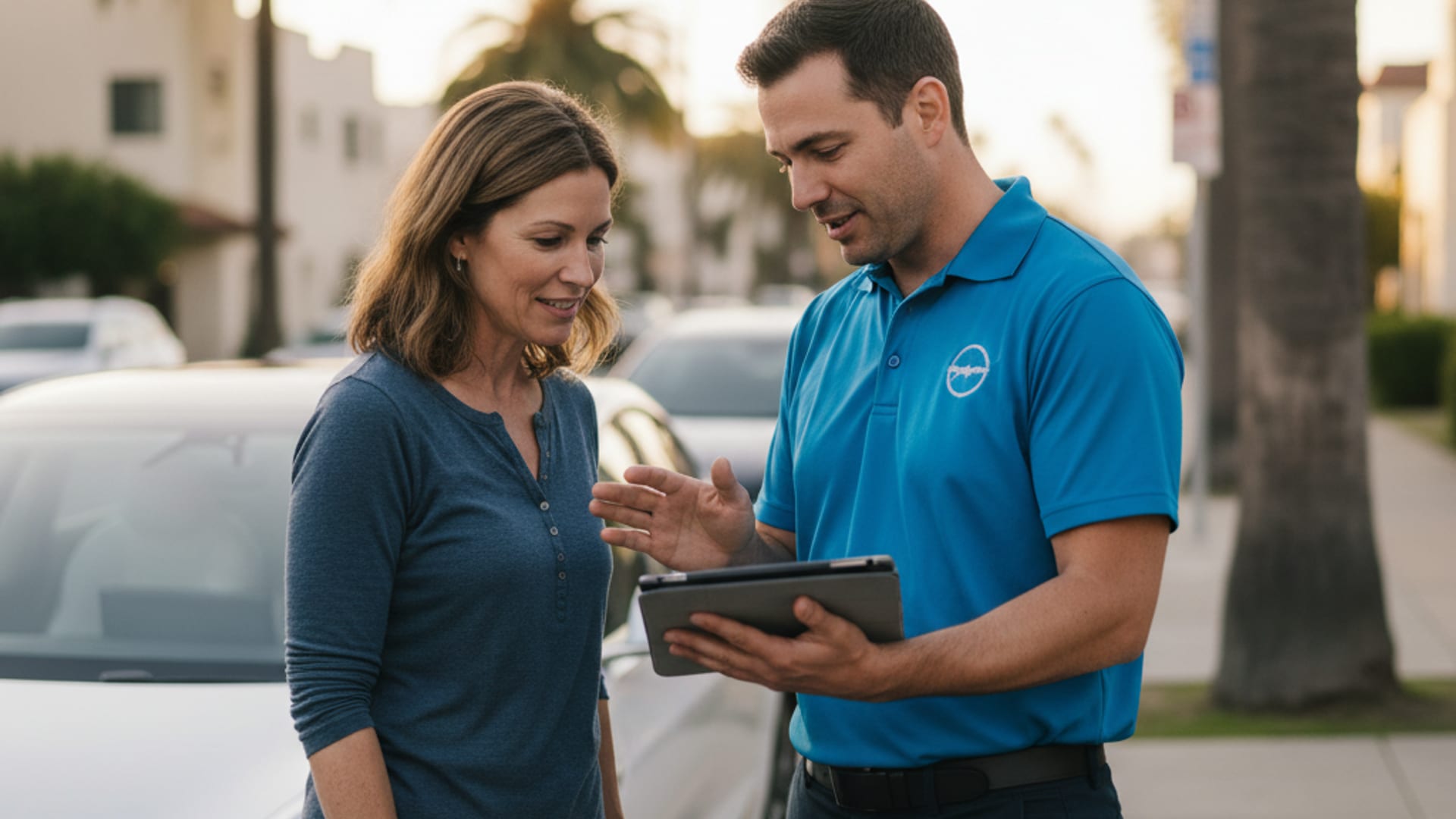 Charge Pro SD technician in an electric-blue polo explaining the rescue process to a relieved Tesla owner beside a charging Model 3