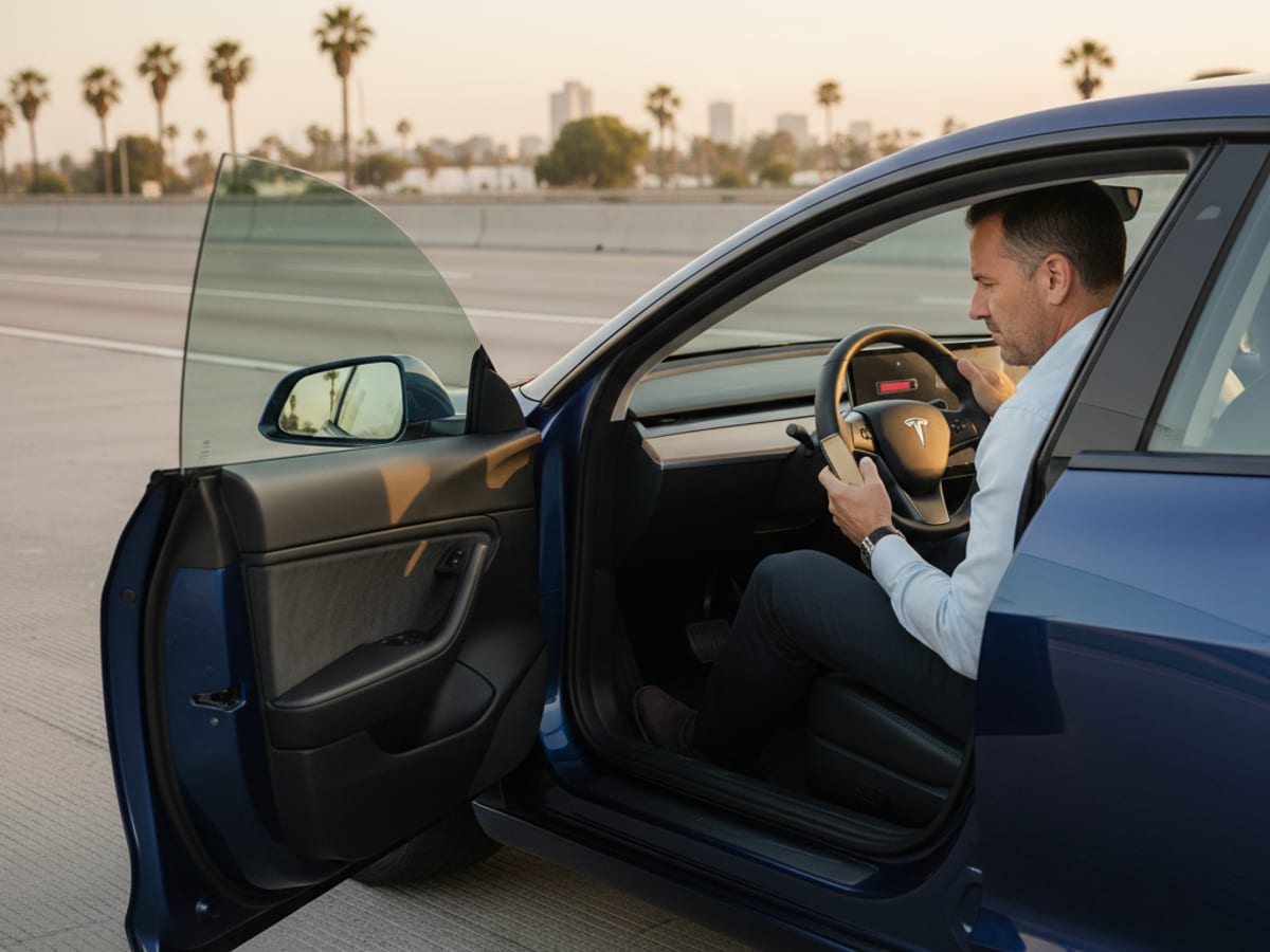 Charge Pro SD technician plugging a NACS cable into a stranded Tesla Model 3 parked on a San Diego road