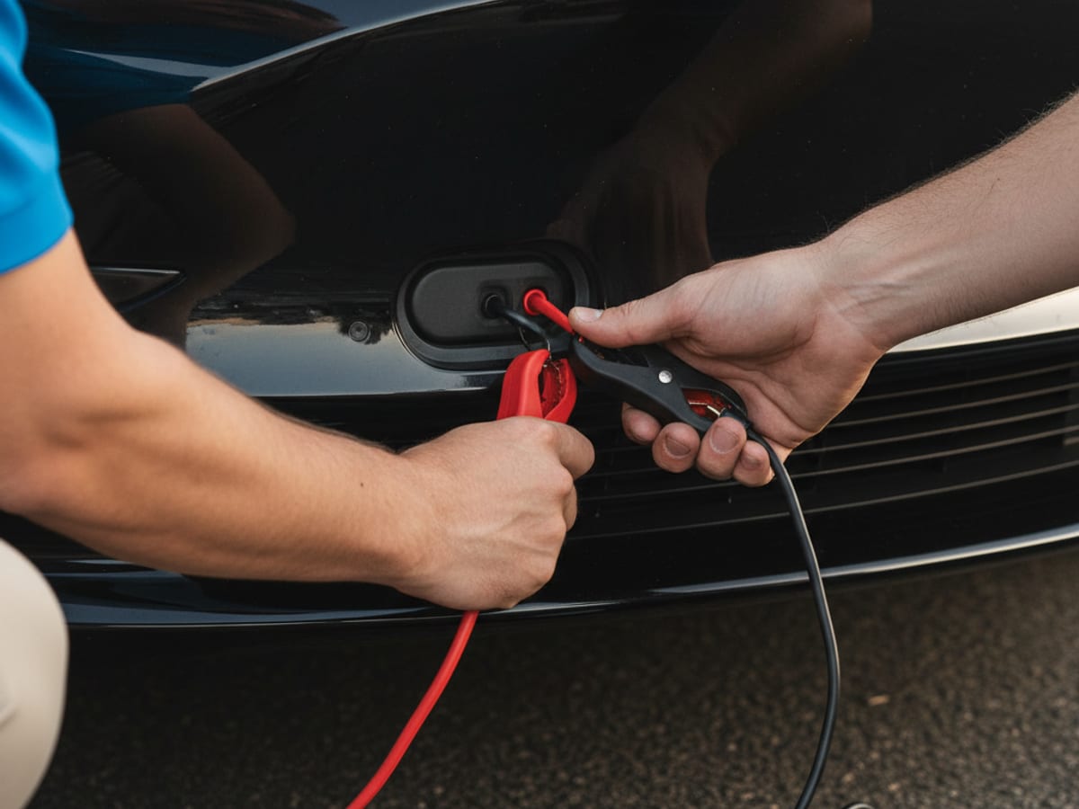 Technician reaching into the towing eye access point on a Tesla Model 3 to connect a 12V jump pack