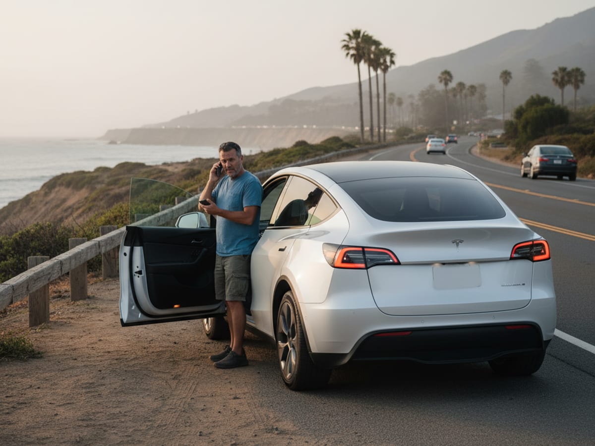Charge Pro SD technician connecting a NACS charging cable to a stranded Tesla Model Y charge port on a San Diego street